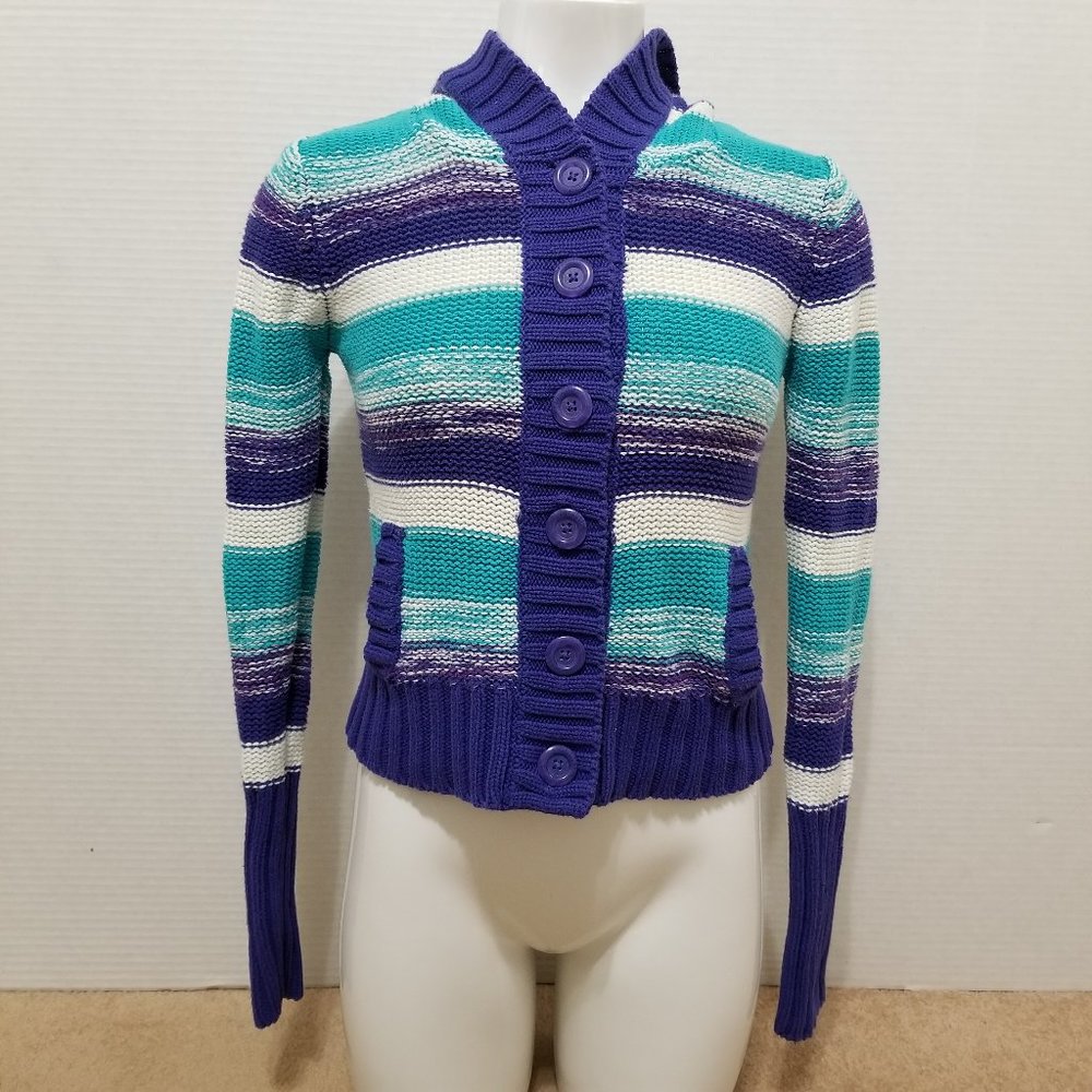 OP cardigan XL 14/16 striped button front knit hooded sweater pockets